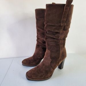 Via Spiga Suede Scrunch Boots Size 10 Brown Mid-calf Heeled Made in Italy Retro